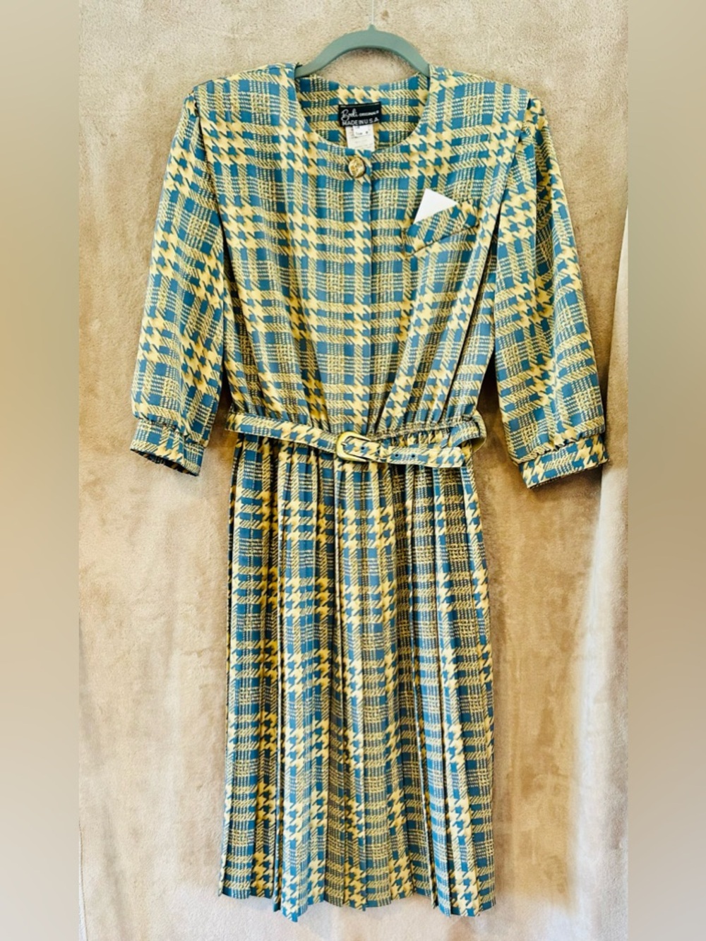 Vintage Breli Originals Plaid Pleated Dress Belted Blue Gold USA 8